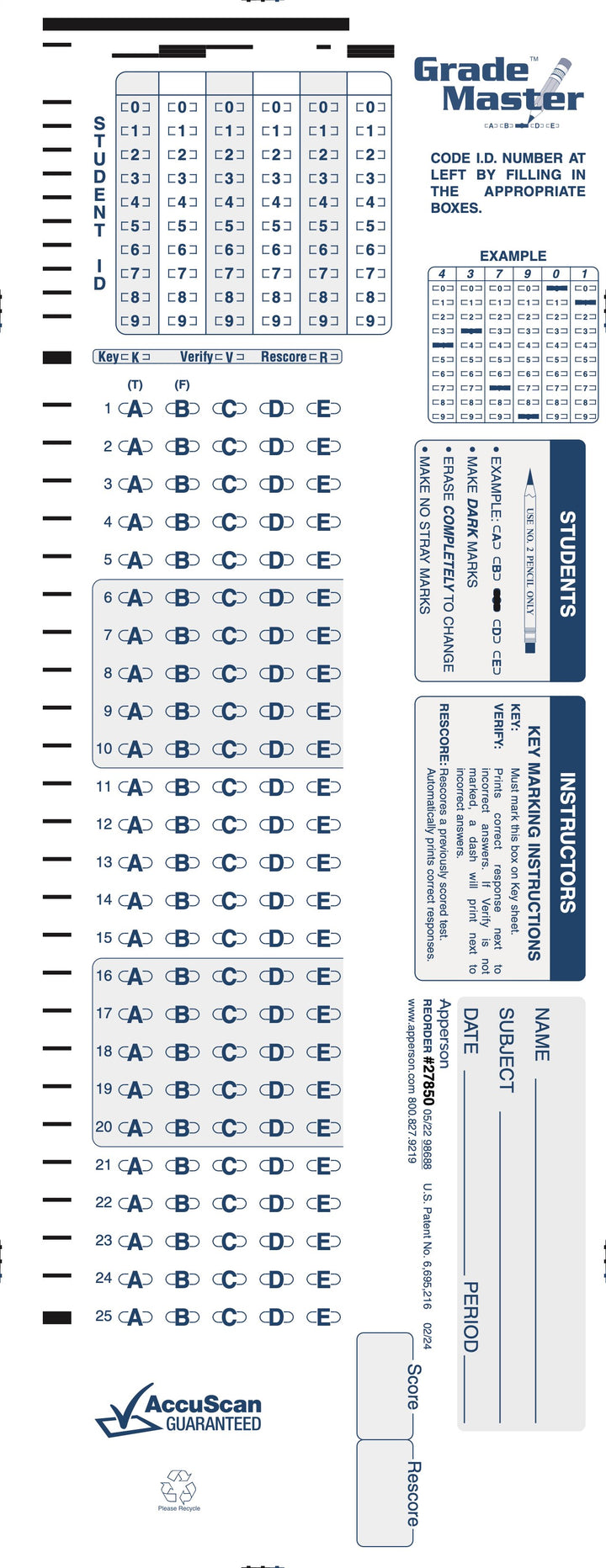 25Q DataLink 600 test answer sheet (27850)