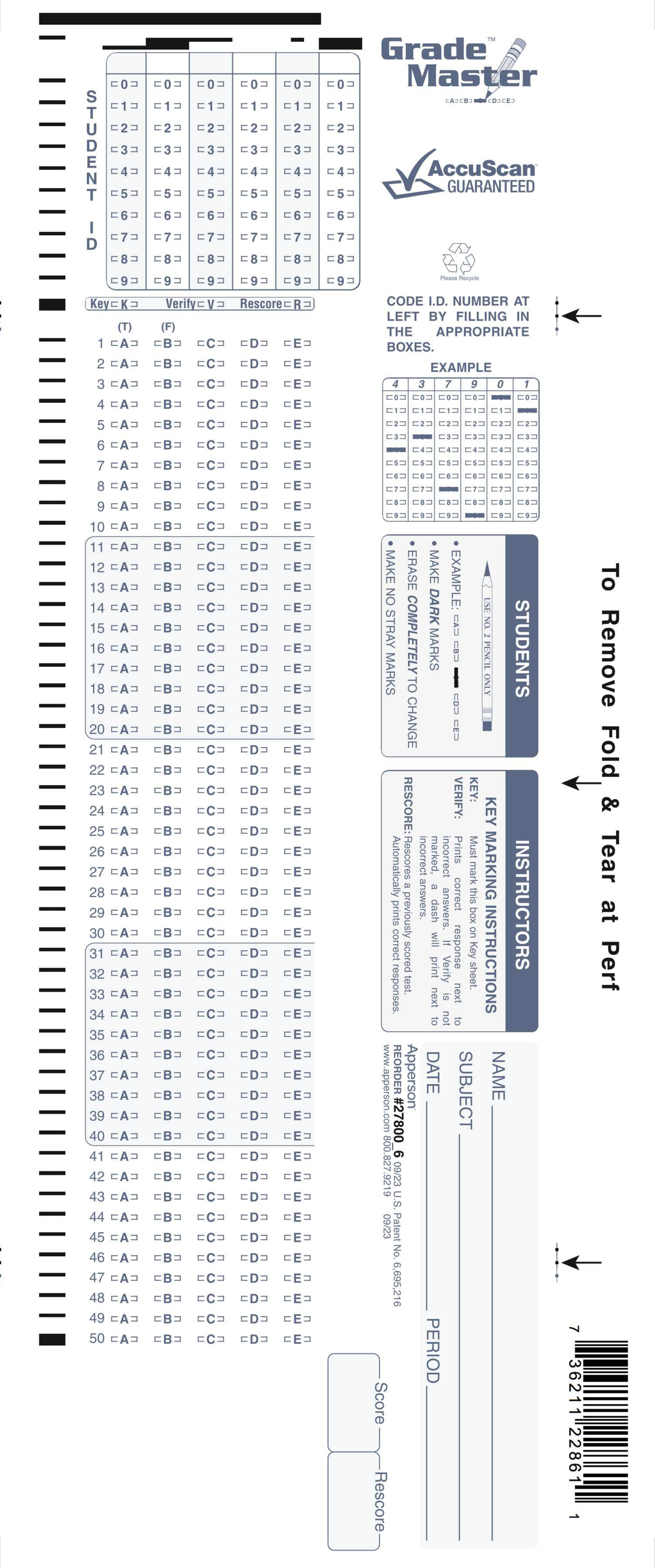 500 6 Packs of DataLink 600 Test Answer Sheets 27800 (27800_6)