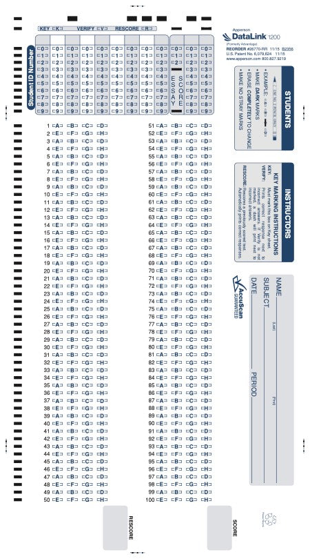 100Q DataLink 1200 test answer sheet (26770) – Apperson
