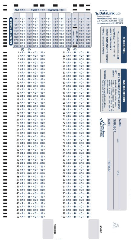100Q DataLink 1200 test answer sheet (29760) – Apperson