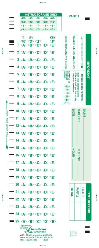 Apperson's Scantron 25Q compatible form 825-e (23160)