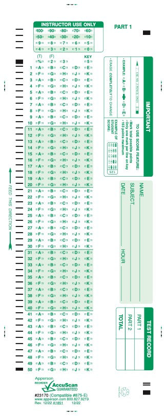 Apperson's Scantron 100Q compatible form 875-e (23170)