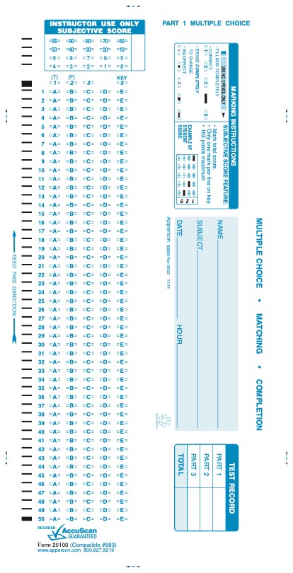 Apperson's Scantron 75Q compatible form 883 (25100)