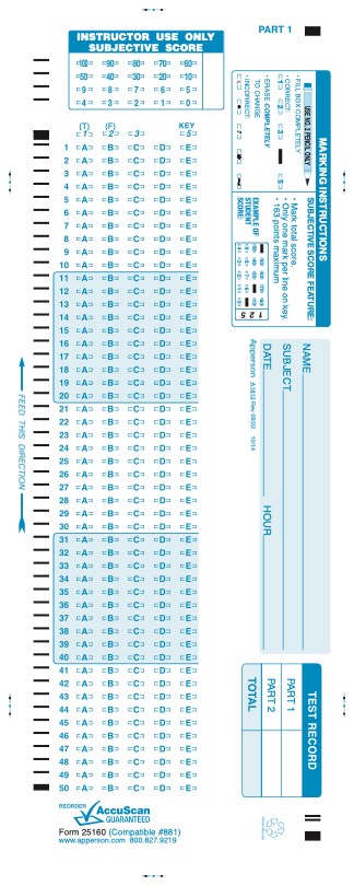 Apperson's Scantron 50Q compatible form 881-e (25160)