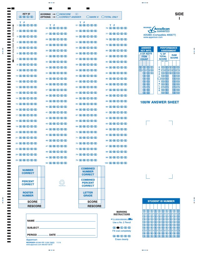 NCS Answer Sheet 100/W Compatible Form (25380)