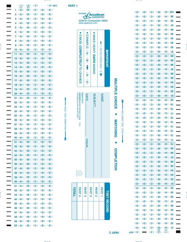 Apperson's Scantron 150Q compatible form 885 (25670)