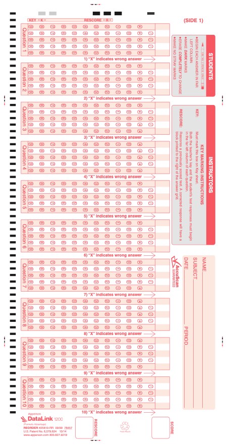 10Q DataLink 1200 test answer sheet (25810)