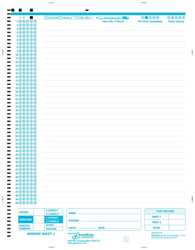 Apperson's NCS compatible form answer sheet j (26180)