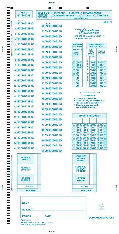 NCS Answer Sheet 50/50 Compatible Form (26420) – Apperson