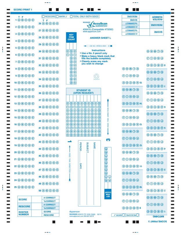 Apperson's NCS compatible form answer sheet l (26470)