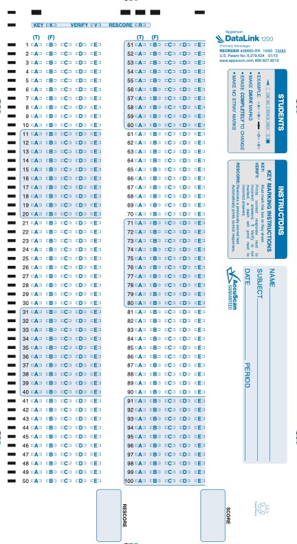 100Q DataLink 1200 test answer sheet (26660)