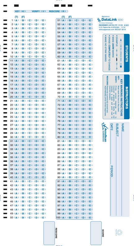 100Q DataLink 1200 test answer sheet (26760)