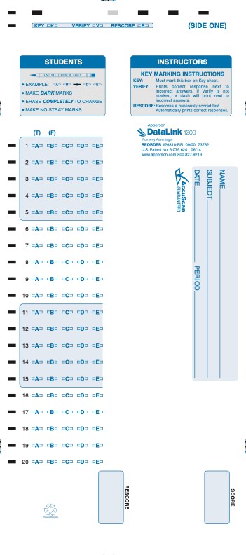 20Q DataLink 1200 test answer sheet (26810)