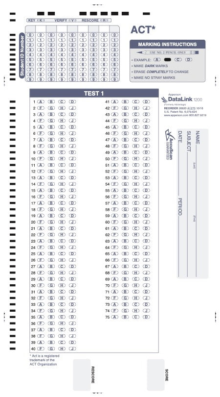 ACT practice DataLink 1200 test answer sheet part 1 & 2 (26820)