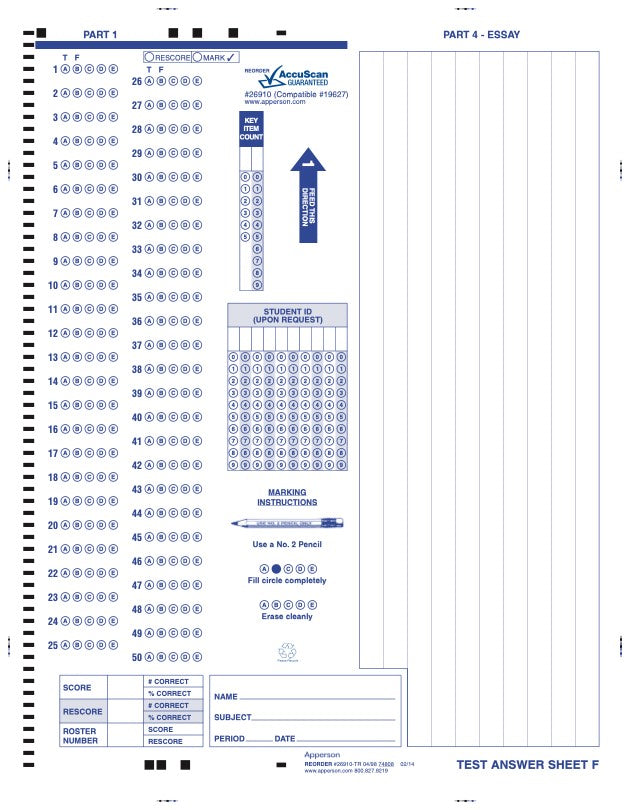 Apperson's NCS compatible form answer sheet f (26910)