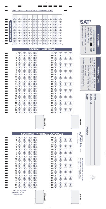 SAT practice DataLink 1200 test answer sheet part 1- 3 (26940)