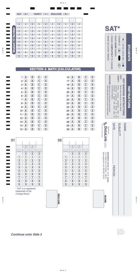 SAT practice DataLink 1200 test answer sheet part 4 (26980)