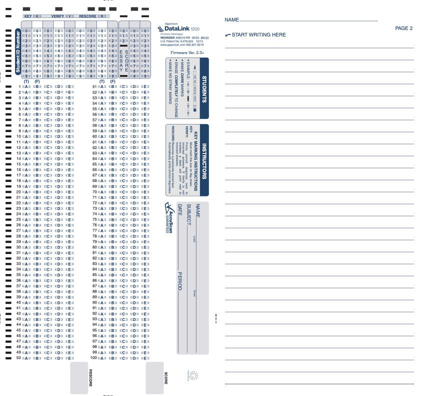 100Q DataLink 1200 test answer sheet (28210)