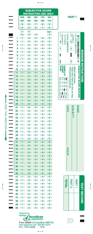 Apperson's Scantron 100Q compatible form 882-n-e (28320)