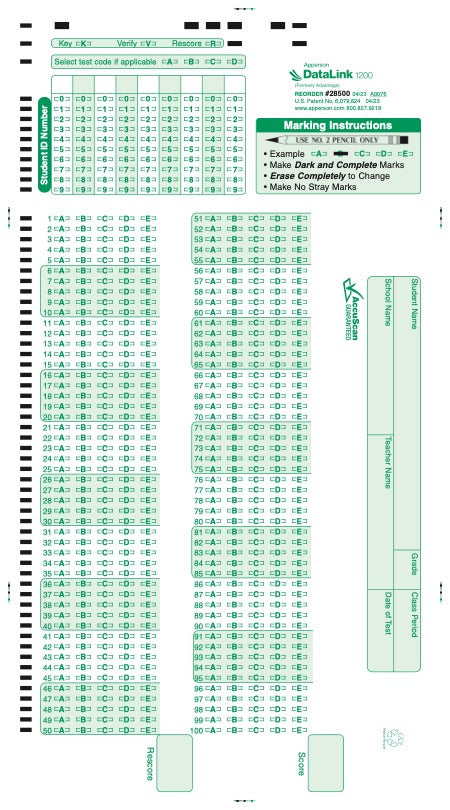 100Q DataLink 1200 test answer sheet (28500)