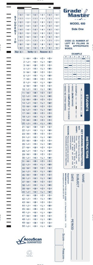 100Q DataLink 600 answer sheet (28770)