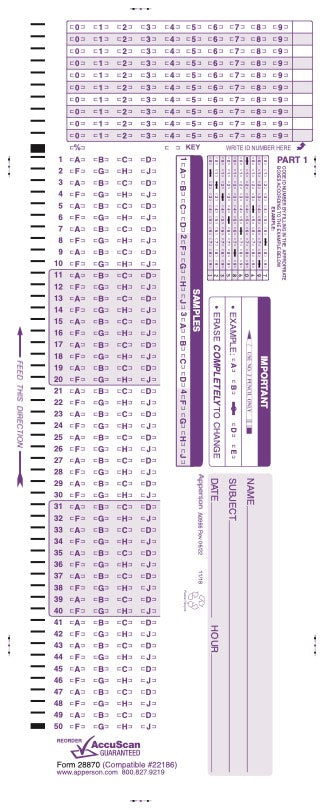 Apperson's Scantron 100Q compatible form 22186 (28870)