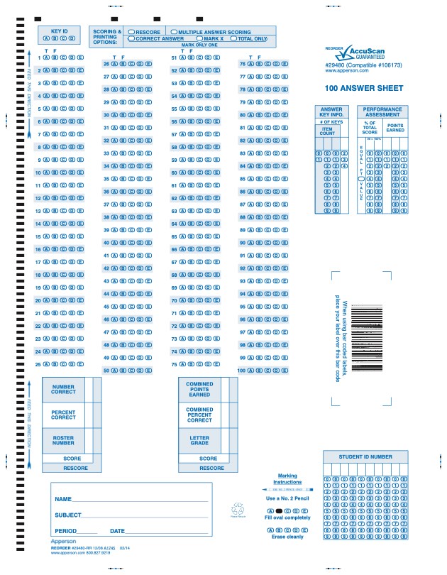 NCS Answer Sheet 100 Compatible Form (29480)